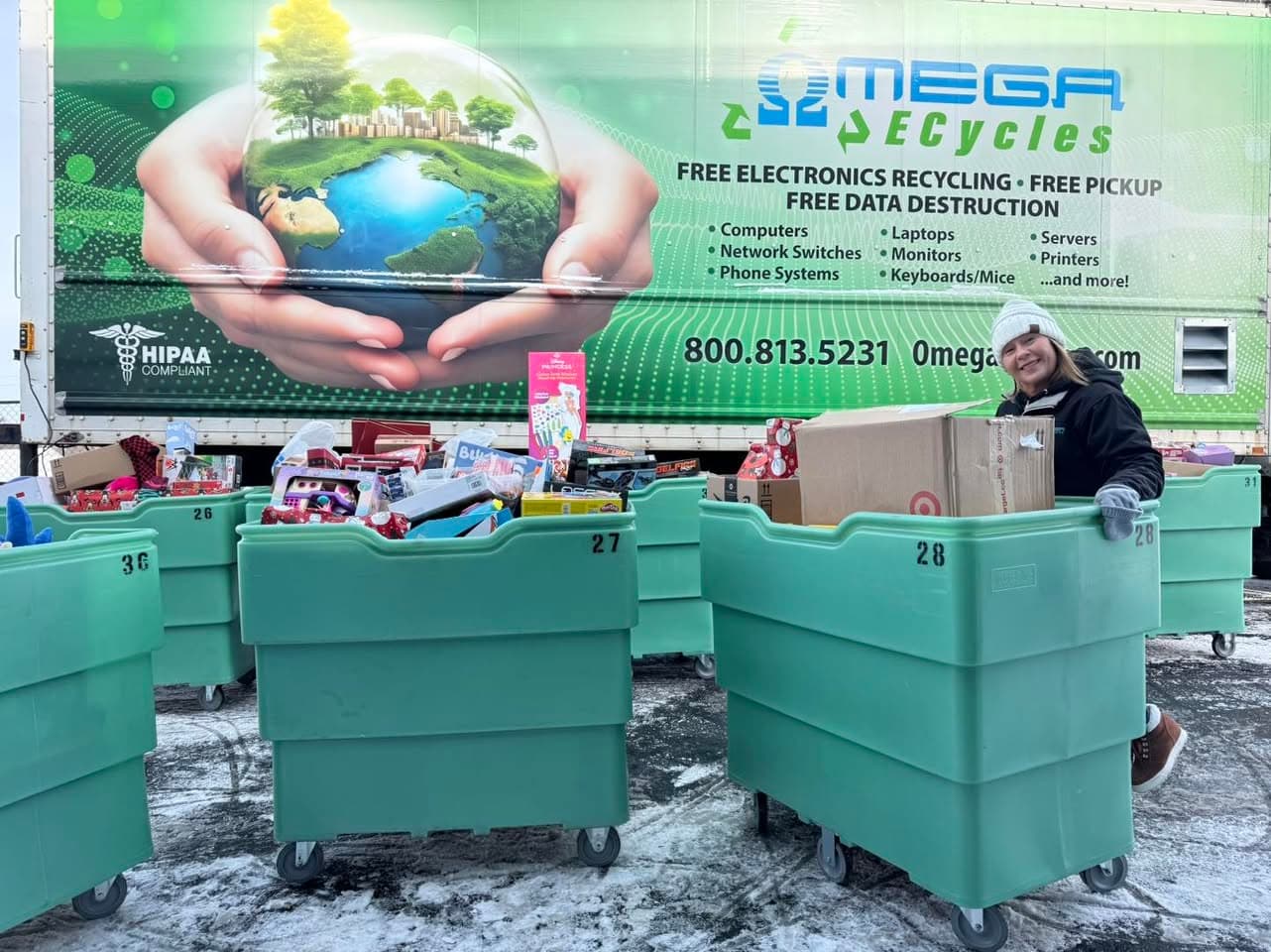 Bins full of donated toys ready for distribution