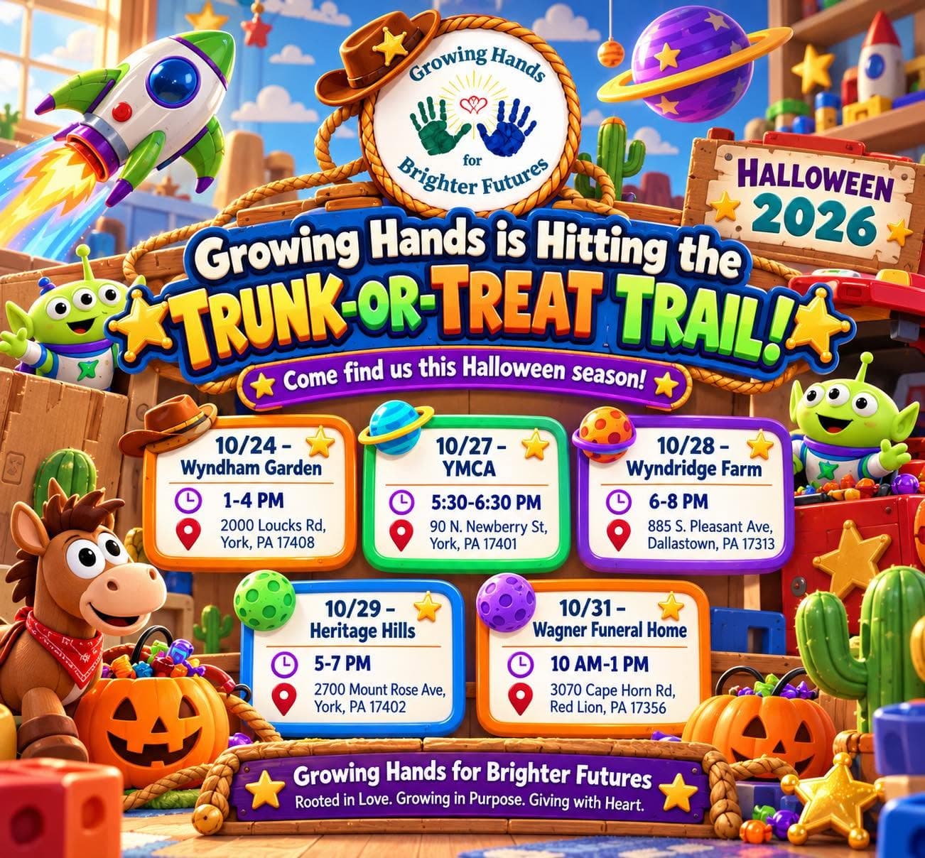 Growing Hands is hitting the Trunk-or-Treat Trail, Halloween 2026: Oct 24 Wyndham Garden, Oct 27 YMCA, Oct 28 Wyndridge Farm, Oct 29 Heritage Hills, Oct 31 Wagner Funeral Home.